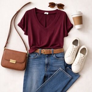 Burgundy V Neck Short Sleeve Tee XL Soft Stretch Casual Top